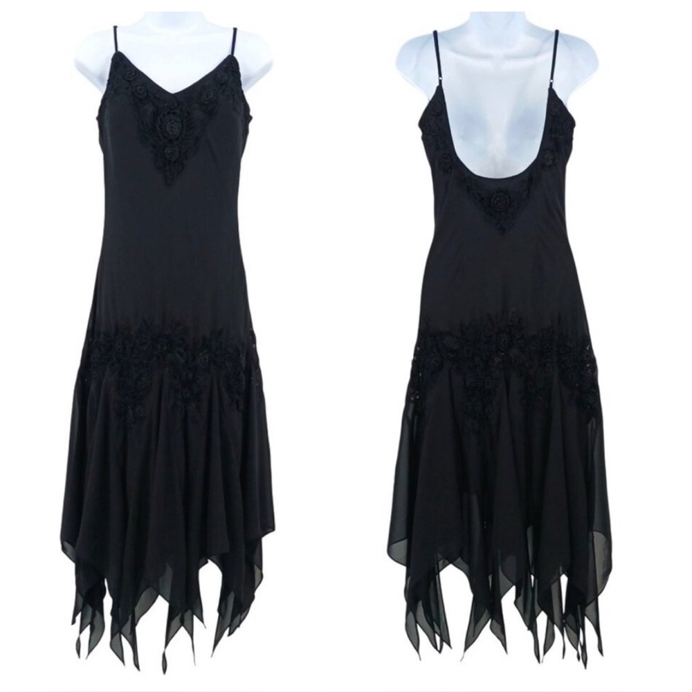Vintage Cachet Y2K Black Handkerchief Hem Midi Dress Crochet Details Size 12